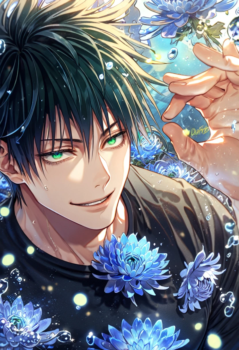 absurdres, highres, ultra detailed, HDR, master piece, best quality, extremely detailed, Fushiguro Touji, black straight hair, expressive green eyes, Jujutsu Kaisen, solo, sexy man, handsome, handsome smile, black tight T-shirt, fantasy, water, sparkling, blue glittering fireflies, blue moon, blue blossoms, blue chrysanthemums, blue sparkling lights, starry sky