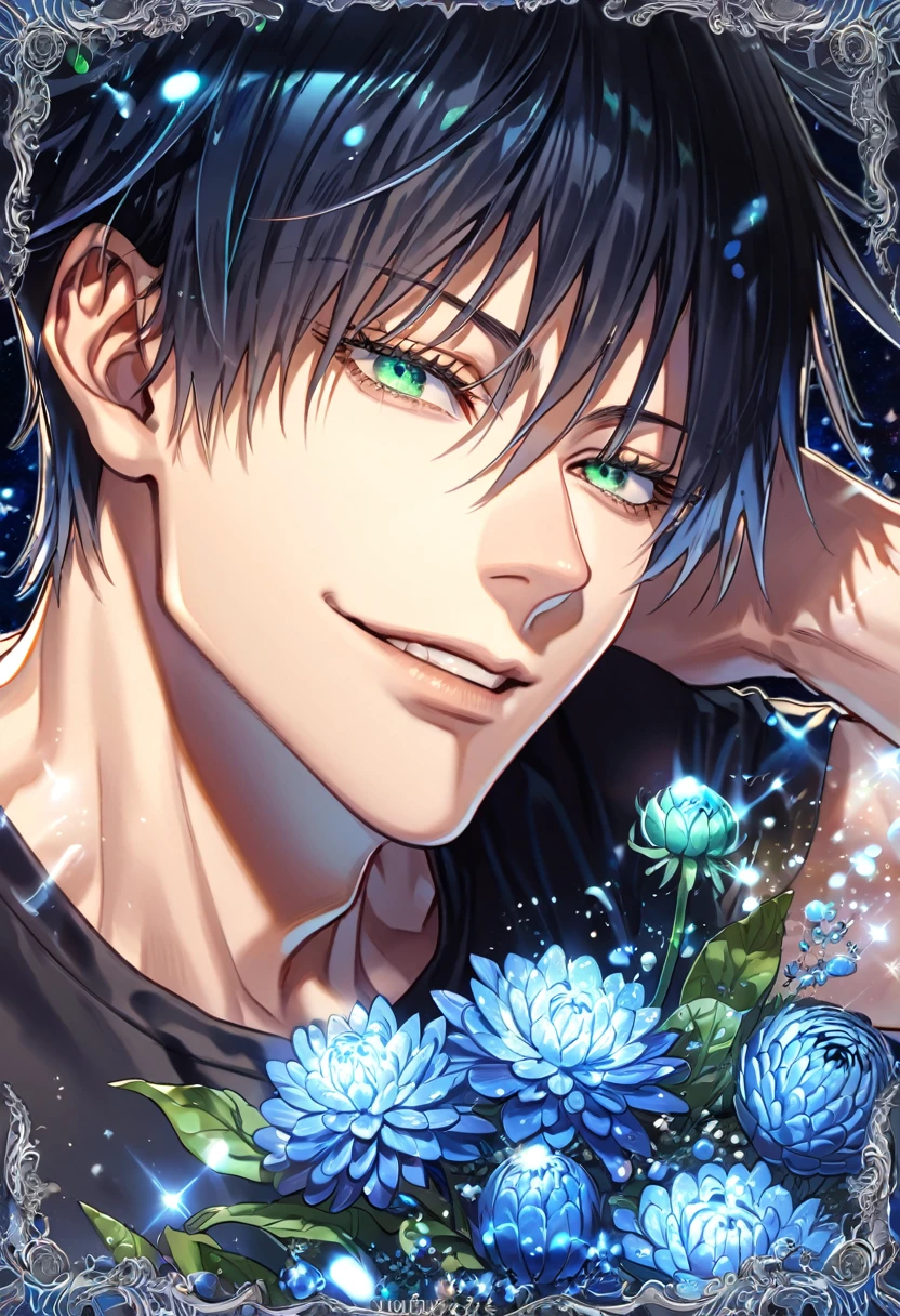 absurdres, highres, ultra detailed, HDR, master piece, best quality, extremely detailed, Fushiguro Touji, black straight hair, expressive green eyes, Jujutsu Kaisen, solo, sexy man, handsome, handsome smile, black tight T-shirt, fantasy, water, sparkling, blue glittering fireflies, blue moon, blue blossoms, blue chrysanthemums, blue sparkling lights, starry sky