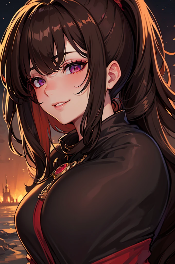 ((masterpiece)), ((best quality)), 1girl, adult, long hair, big bust, ((brown hair)), ((intimidant look)), ((close-up)), profile image, black and red clothes, sexy, dark colors, ((coat with fur)), ((wavy hair)), exposed skin, ((sexy pose)), good anatomy, ((dark sage clothes)), ((straight cut bangs)), emotionless, intimidant, ((beautiful eyes)), dark background, close up, ((detailed eyes)), ((detailed face)), hair bang, frontal look, relaxed, smile, queen, ponytail, violet eyes