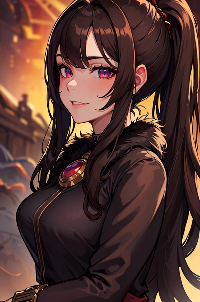 ((masterpiece)), ((best quality)), 1girl, adult, long hair, big bust, ((brown hair)), ((intimidant look)), ((close-up)), profile image, black and red clothes, sexy, dark colors, ((coat with fur)), ((wavy hair)), exposed skin, ((sexy pose)), good anatomy, ((dark sage clothes)), ((straight cut bangs)), emotionless, intimidant, ((beautiful eyes)), dark background, close up, ((detailed eyes)), ((detailed face)), hair bang, frontal look, relaxed, smile, queen, ponytail, violet eyes