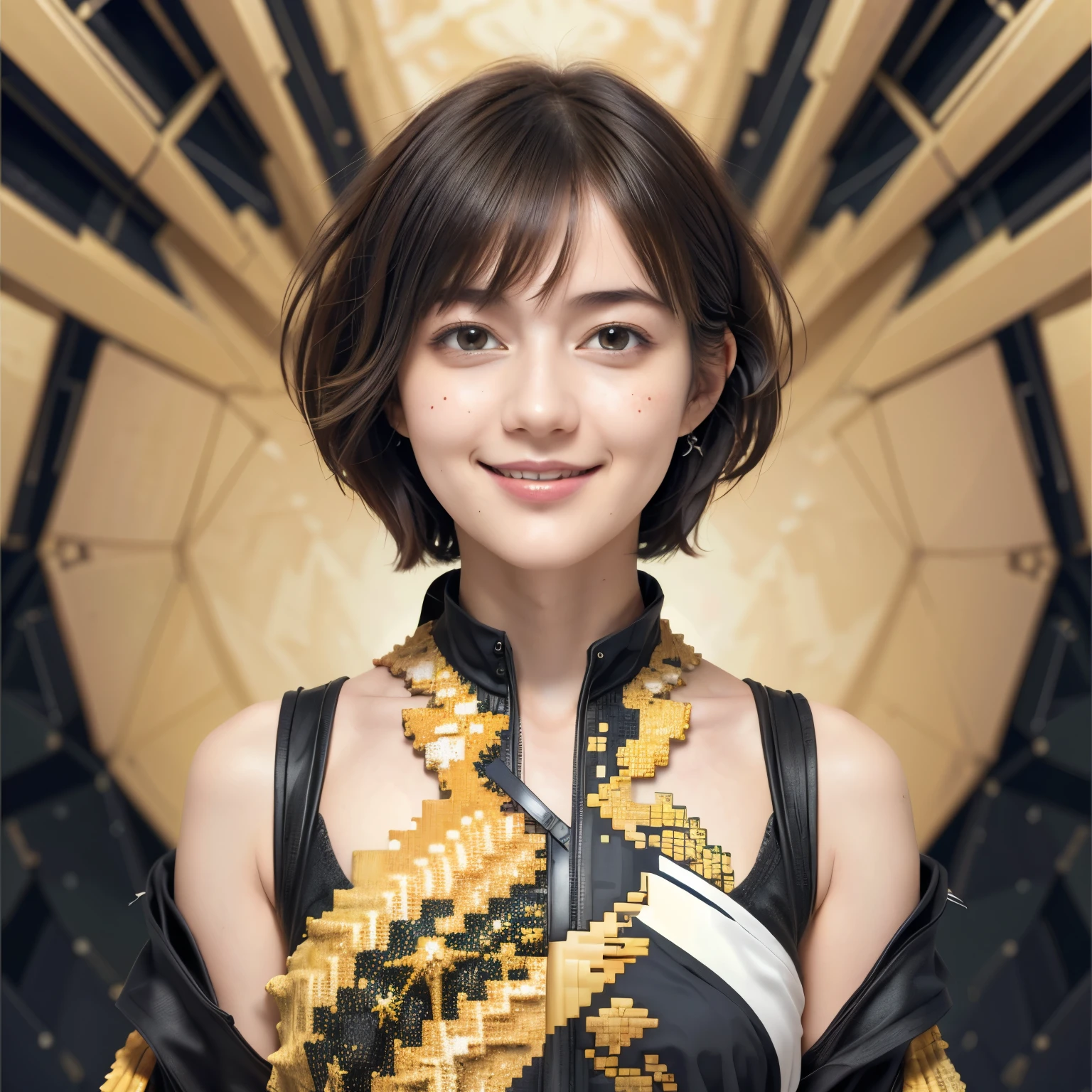 256 19-year-old female, (short hair),(Abstract background,Fractal Art:1.46), smile