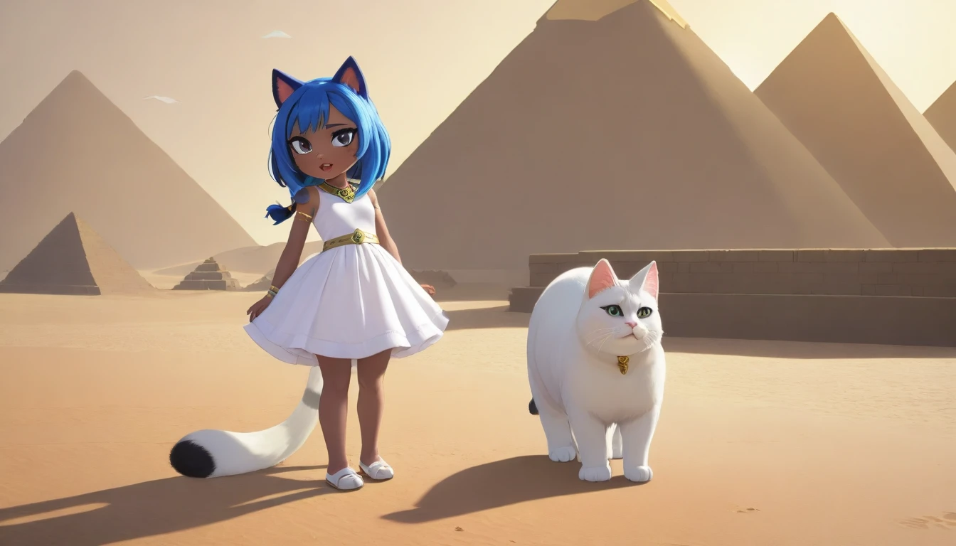 1girl，Artist Name，Egyptian cat，Blue Hair，skin，Keep your mouth shut，Wear，whole body，solo，Standing，猫Tail，Keep your mouth shut，Wear，Looking at the audience,Animal Crossing Furry, Blue Hair, Hair accessories, 黄skin, black eyes, White Dress, Tail, Egyptian Pyramids，mummy，Sunlight，sunny，(masterpiece), ((best quality), Detailed background, masterpiece, best quality, high quality, absurd, The award-winning, professional, Very detailed