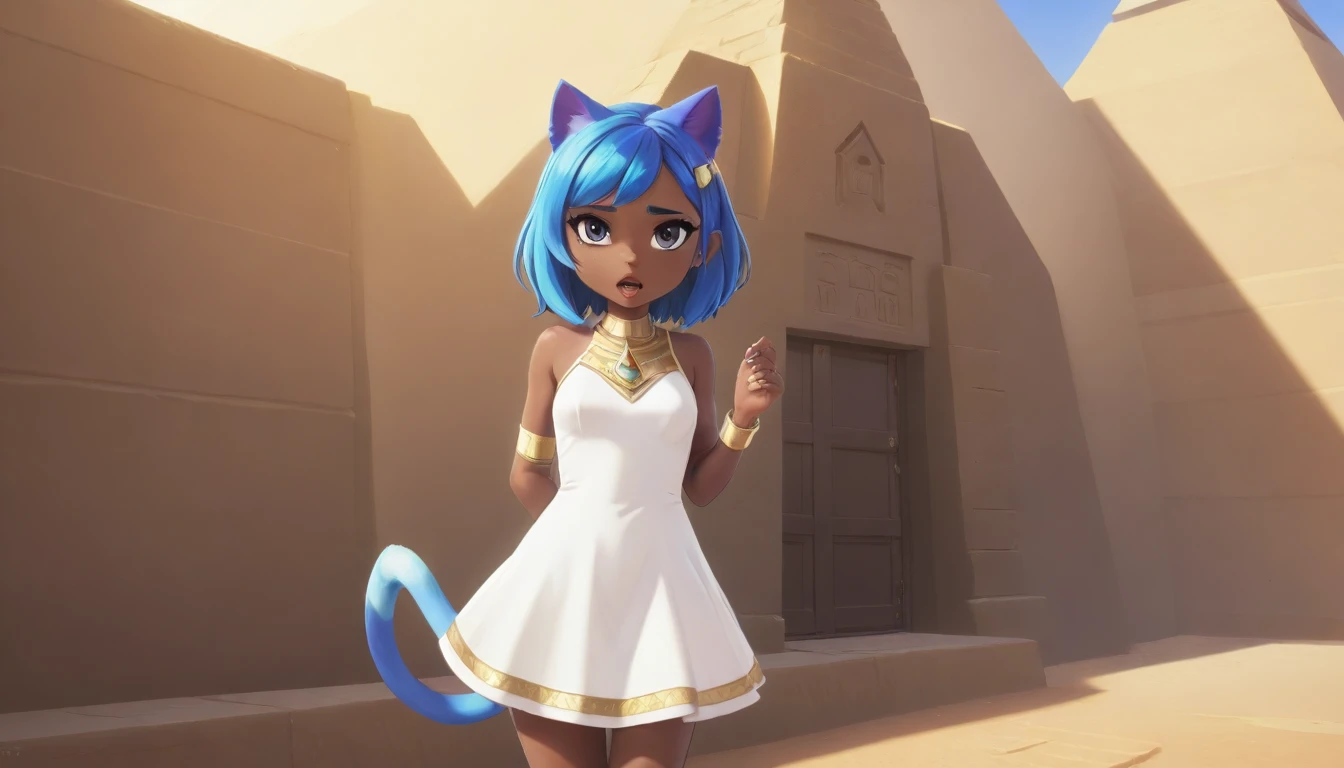 1girl，Artist Name，Egyptian cat，Blue Hair，skin，Keep your mouth shut，Wear，whole body，solo，Standing，猫Tail，Keep your mouth shut，Wear，Looking at the audience,Animal Crossing Furry, Blue Hair, Hair accessories, 黄skin, black eyes, White Dress, Tail, Egyptian Pyramids，mummy，Sunlight，sunny，(masterpiece), ((best quality), Detailed background, masterpiece, best quality, high quality, absurd, The award-winning, professional, Very detailed