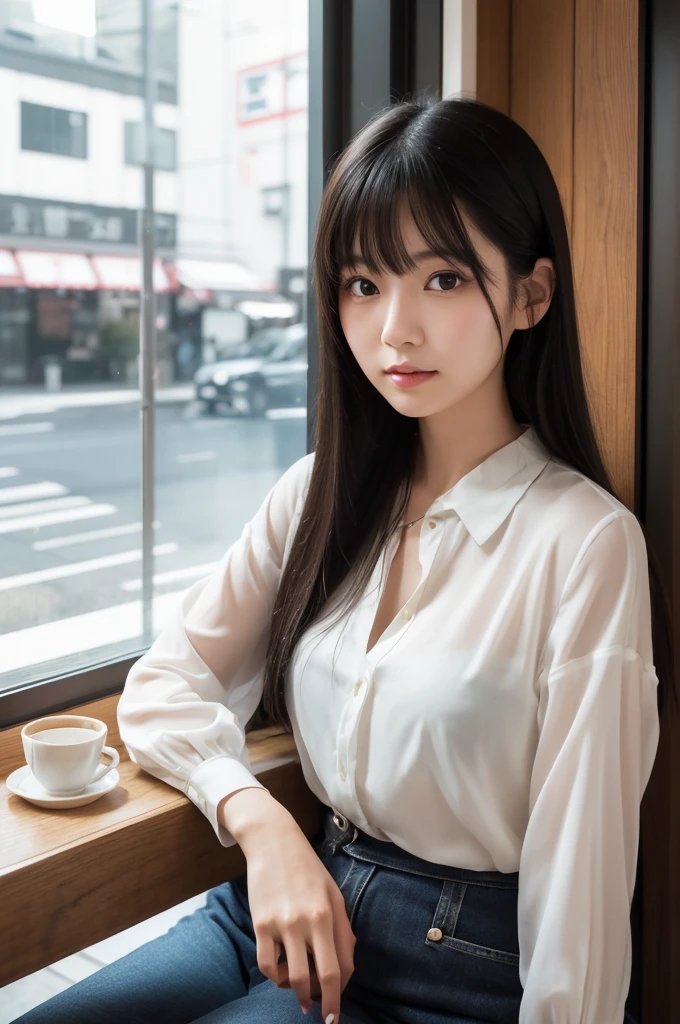 A real Japanese girl in her 20s。Photorealistic portrait of a young Japanese woman、She has long black hair and natural make-up.。Wearing a casual white blouse、Sitting in a modern cafe in Tokyo。The soft light from the window illuminates her.。Limit exposure of chest and nape。