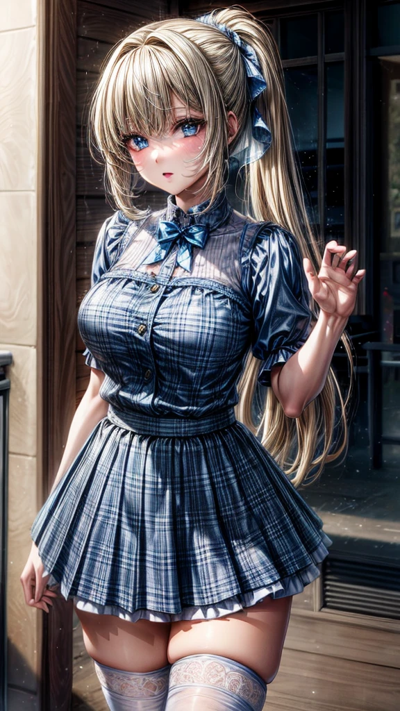 1girl,masterpiece,best quality,blonde hair,(ponytails),blue eyes,(white lace stockings),(blue plaid skirt),short skirt,standing,in full length,medium breasts,(white t shirt),in front of streets,extremely detailed,[[realistic]],beautiful alluring anime teen,seductive anime girl,waving skirt