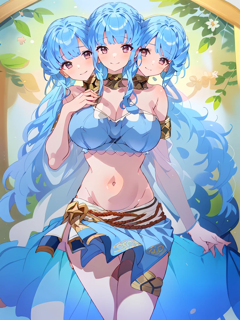 (masterpiece, best quality), best resolution, (3heads:1.5), 1girl, blue hair, long flowing hair, smiling, open belly, blue crop top, blue miniskirt, open breasts, huge tits,
