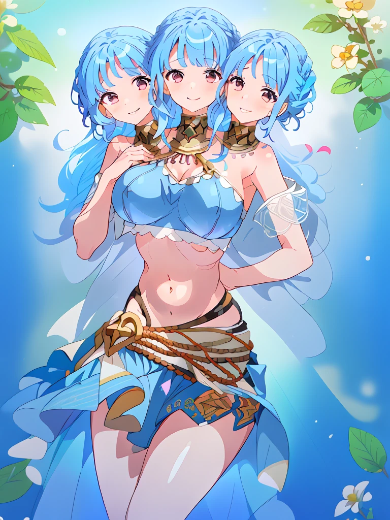 (masterpiece, best quality), best resolution, (3heads:1.5), 1girl, blue hair, long flowing hair, smiling, open belly, blue crop top, blue miniskirt, open breasts, huge tits,
