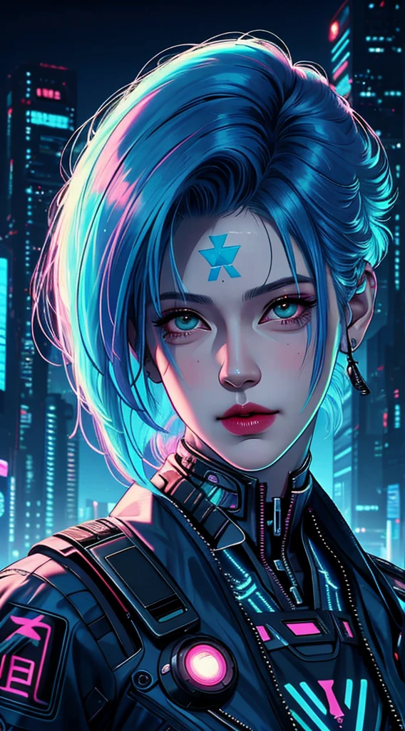 there is a woman with blue hair and a jacket, hyper-realistic cyberpunk style, realistic art style, Retrato ciberpunk, 🤤 portrait of , cyberpunk artstyle, cyberpunk anime digital art, Retrato de RossDraws, garota cyberpunk sonhadora, the cyberpunk portrait of , portrait of cg society, cyberpunk style ， hyper realist, realism art style, photorealistic art style, rossdraws pastel vibrante, smiling, short shaved hair on the sides