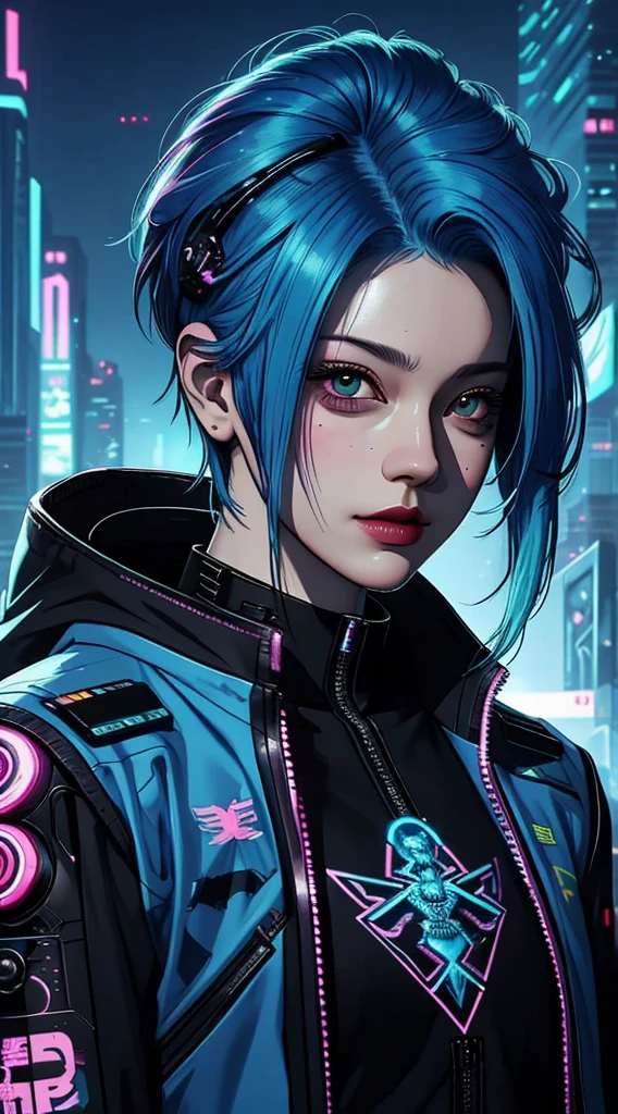 there is a woman with blue hair and a jacket, hyper-realistic cyberpunk style, realistic art style, Retrato ciberpunk, 🤤 portrait of , cyberpunk artstyle, cyberpunk anime digital art, Retrato de RossDraws, garota cyberpunk sonhadora, the cyberpunk portrait of , portrait of cg society, cyberpunk style ， hyper realist, realism art style, photorealistic art style, rossdraws pastel vibrante, smiling, short shaved hair on the sides