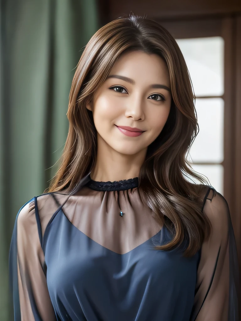 (Raw Photo), (Photorealsitic), (Masterpiece), (Best Quality), High Resolution, 8K, (Intricate Details), (Voluminous Light), Portrait, Female, 40 Years Old, Long Hair, Straight Hair , layered hair, brown hair, very fine eyes, source order, very fine eyebrows, very fine skin, very fine mouth, very fine nose, cute like an idol, happy smile, (thick lips), (looking at the viewer), (elegant transparent marine blue blouse), waist shot, Random body orientation,