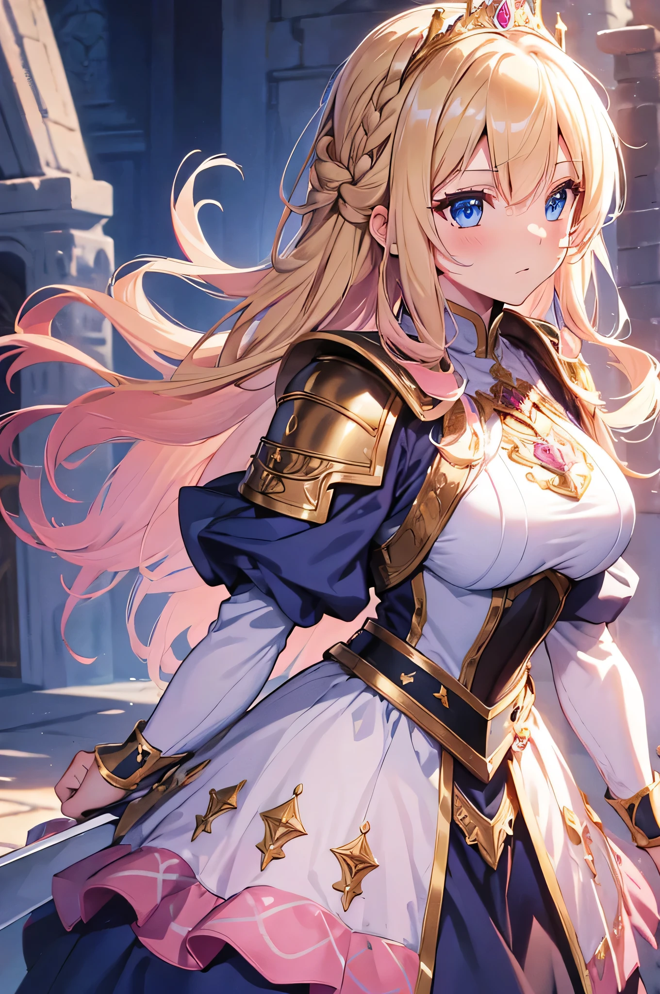 4K,High resolution,One Woman,Blonde,long hair,Braid,Blue Eyes,Big Breasts,Princess Knight,pink princess dress,Pink knight armor,Full Armor,Heavy Armor,Princess Tiara,Jewelry decoration,Gold decoration,Holy Sword,Medieval castle town