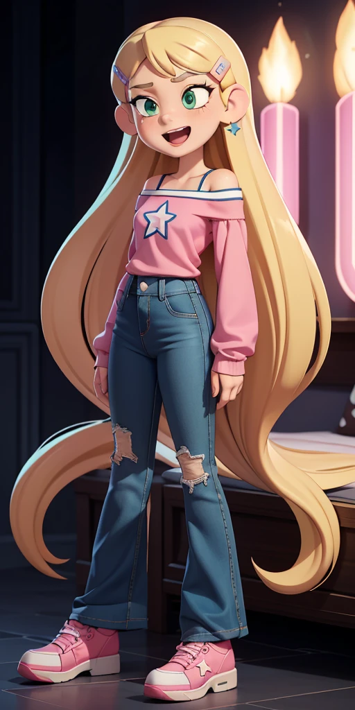 score_9, source_cartoon, 1girl, solo, Kelly Marra, looking very happy, long hair, blonde hair, cute green eyes, hair ornament, white long sleeves, hairclip, flare blue pants(Wide flares on pants:1.2), pink shoes, off shoulder, white star (symbol) in the middle of the shirt, Pink t-shirt,
