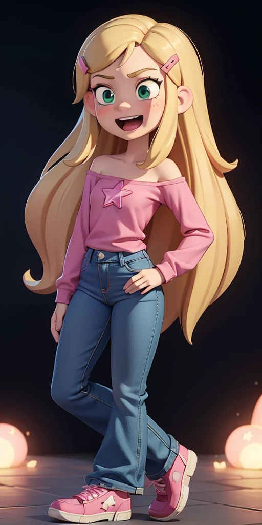 score_9, source_cartoon, 1girl, solo, Kelly Marra, looking very happy, long hair, blonde hair, cute green eyes, hair ornament, white long sleeves, hairclip, flare blue pants(Wide flares on pants:1.2), pink shoes, off shoulder, white star (symbol) in the middle of the shirt, Pink t-shirt,
