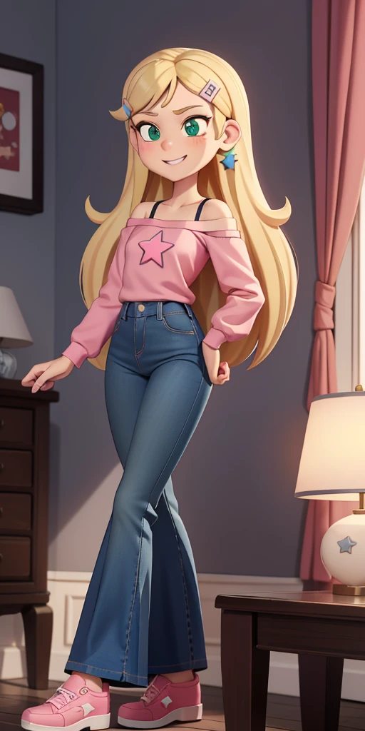 score_9, source_cartoon, 1girl, solo, Kelly Marra, looking very happy, long hair, blonde hair, cute green eyes, hair ornament, white long sleeves, hairclip, flare blue pants(Wide flares on pants:1.2), pink shoes, off shoulder, white star (symbol) in the middle of the shirt, Pink t-shirt,
