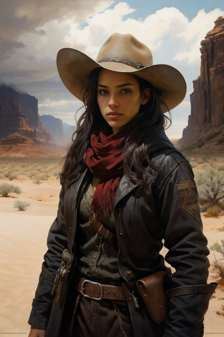 breathtaking oil painting,1girl, cowboy girl wearing long brown torn coat, red scarf, cowboy hat, bandolier, red eyes, desert, sunlight, sunlight breaking through the clouds, dramatic lighting, epic and dynamic composition, vibrant colors, realistic and photorealistic style. (best quality, 4k, highres, masterpiece:1.2), ultra-detailed, HDR, studio lighting, ultra-fine painting, sharp focus, physically-based rendering, extreme detail description, professional, portraits, epic fantasy.