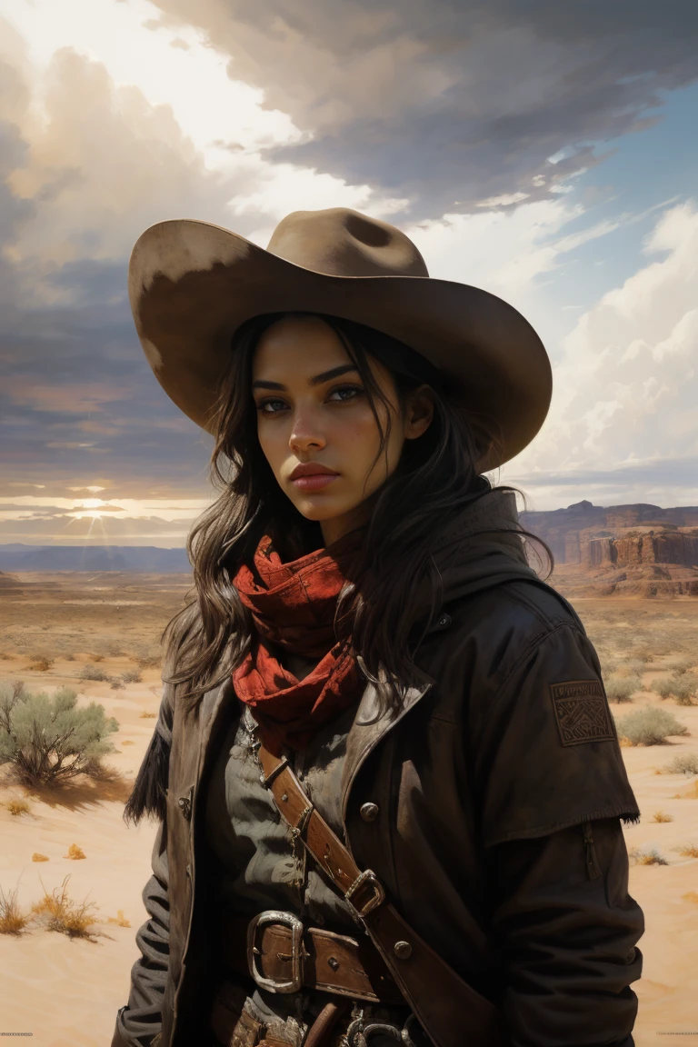 breathtaking oil painting,1girl, cowboy girl wearing long brown torn coat, red scarf, cowboy hat, bandolier, red eyes, desert, sunlight, sunlight breaking through the clouds, dramatic lighting, epic and dynamic composition, vibrant colors, realistic and photorealistic style. (best quality, 4k, highres, masterpiece:1.2), ultra-detailed, HDR, studio lighting, ultra-fine painting, sharp focus, physically-based rendering, extreme detail description, professional, portraits, epic fantasy.