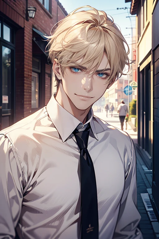 (tmasterpiece, high resolution, ultra - detailed:1.0), (1 man , madure male, masculine face), Perfect male body, tall and strong, Adult male, Delicate eyes and delicate face, blue eyes, Extremely detailed CG, Unity 8k wallpaper, Complicated details, Detailed face, ( short blond hair, smile in love faces, white shirts,Bad students), (frown,smile:1.3), stad in school corridor, street style, color difference, Depth of field, dramatic shadow, Ray tracing, Best quality, Cinematic lighting, offcial art,Portrait