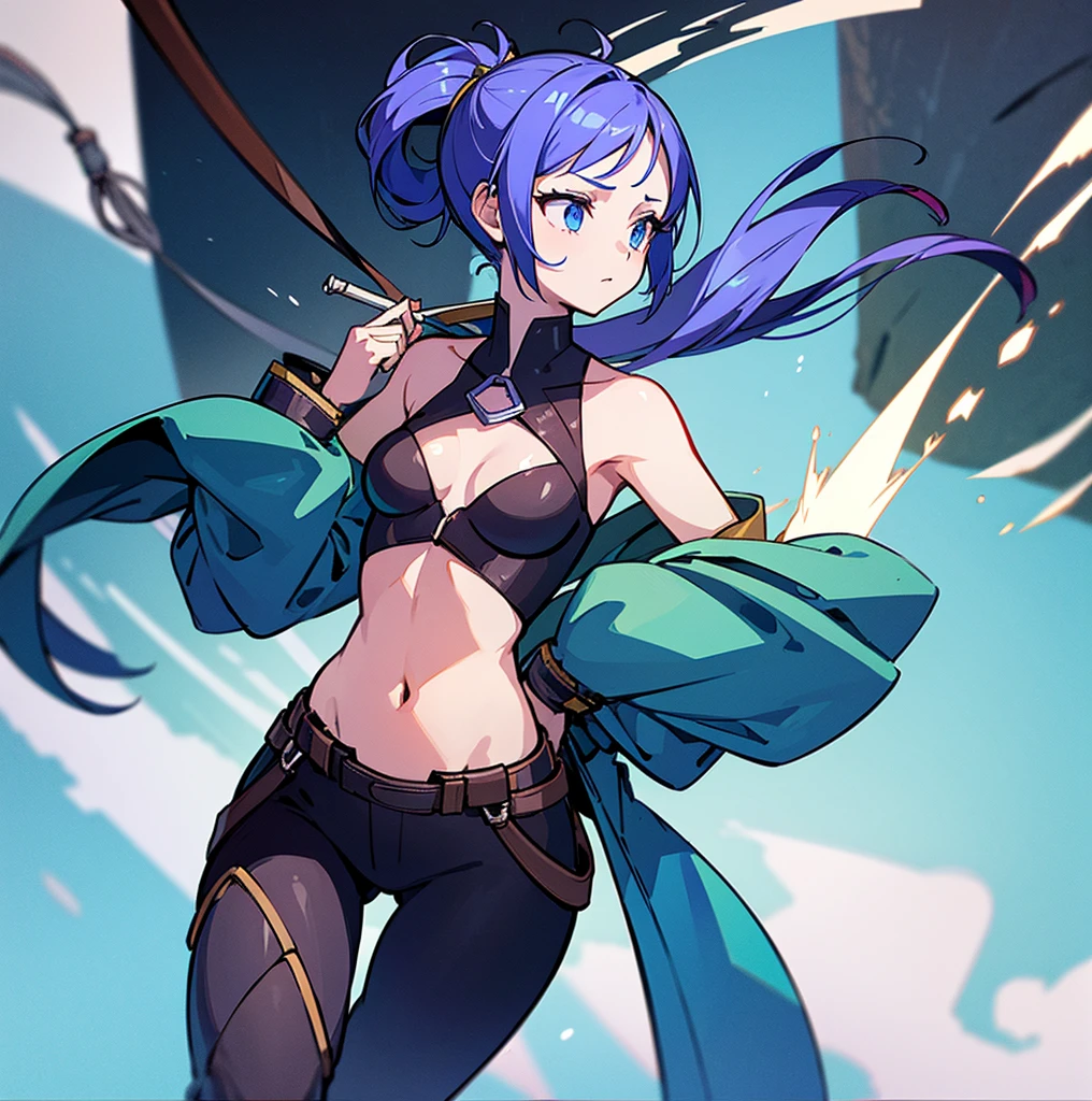 an animated character is in the background of a video game screener and an image of a girl in an with a sword on her shoulder and her breasts spread out