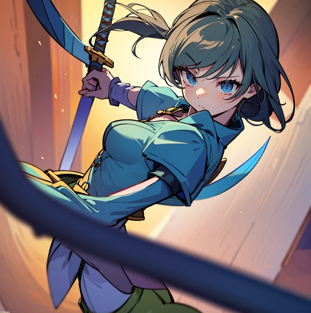 an animated character is in the background of a video game screener and an image of a girl in an with a sword on her shoulder and her breasts spread out