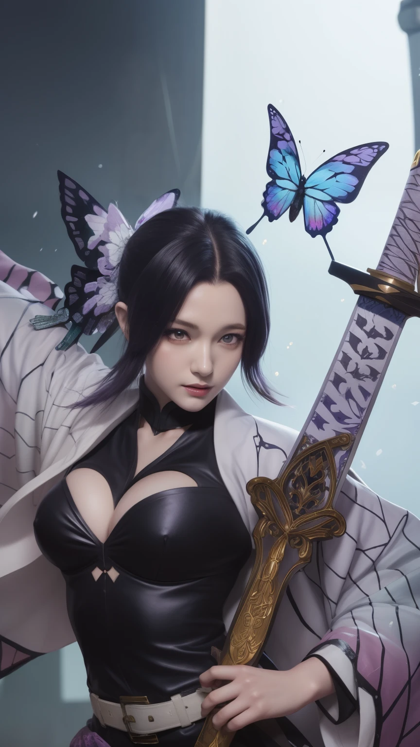 Woman in purple dress holding butterfly and sword, Duelist Style, The Detailed Art of the Onmyoji, Demon Slayer Art Style, Guilty Gear Strike Splash Art, Genshin Impact Characters, onmyoji, Keqing of Genshin Impact, Handsome men from Demon Slayer, Genshin Impact Mid-Range, Detailed Key Anime Art