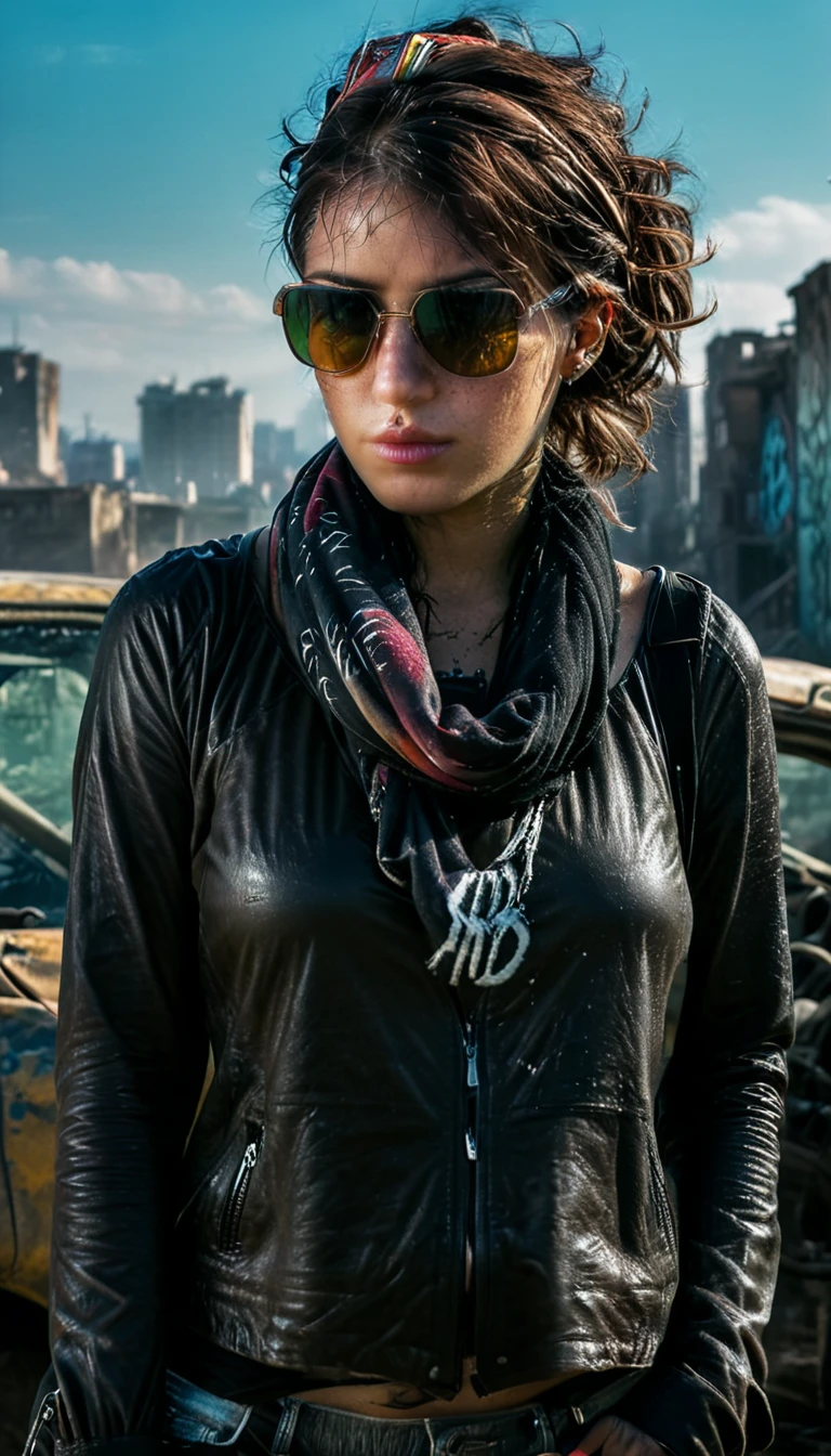 A photorealistic picture, best quality, realistic, full body portrait, real picture, enhanced details, depth of field, post-apocalyptic wasteland, destroyed city, ruins, trash, wrecked cars, graffiti, woman, dressed in old worn clothes, scarf on her head and neck, sunglasses, tattoo on her arm and neck, lots of details, automatic weapon. real face, real silhouette, Fujifilm XT3, outdoors, morning, nice lighting, dynamic, RAW, 8k, uhd, film grain, bokeh. incrase details to the city and the environment,, the signs of decay and destruction, the vegetation and wildlife, the weather and the sky, the mood and atmosphere,