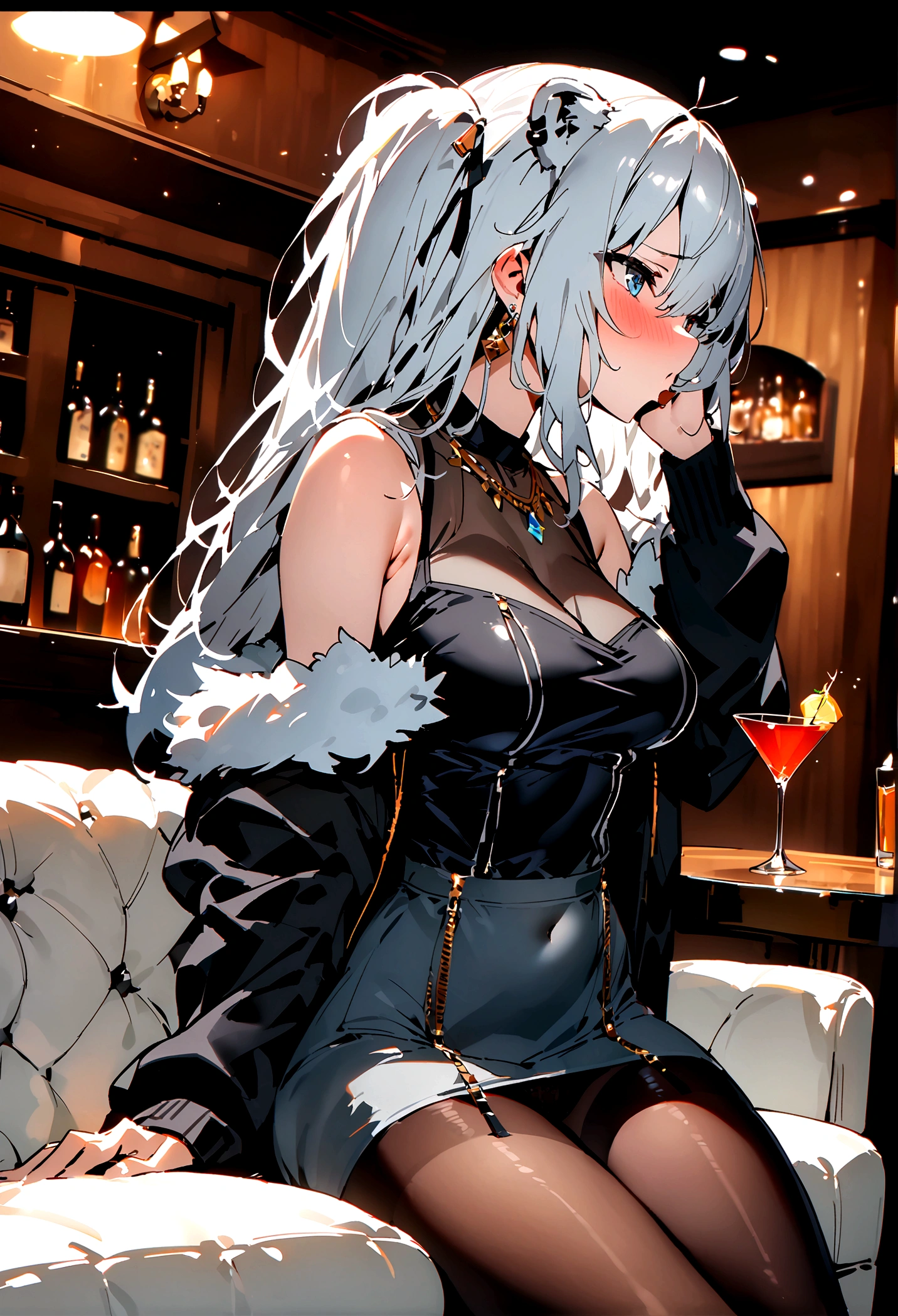 NSFW,masterpiece,Highest quality,High resolution,Super detailed,Shishirabotan\(Hololive\),Long Hair、Two Side Up、Earrings、Lion&#39;s Tail,necklace、Black Shirt、Sleeveless shirt、abdomen、See-through、Grey Skirt、片足pantyhose、pantyhose、fur-trimmed jacket、Black jacket、Off the shoulder,Black sexy panties,Embarrassed,blush,Luxurious Room,pub,Private room,sofa,Cocktail Glass,(Drunk),(Intoxication),Sitting,heart,Sexy pose,Panty shot,(Strong-faced men),男性が隣にSitting,A man puts his hands on her waist and hugs her,to kiss,From the side