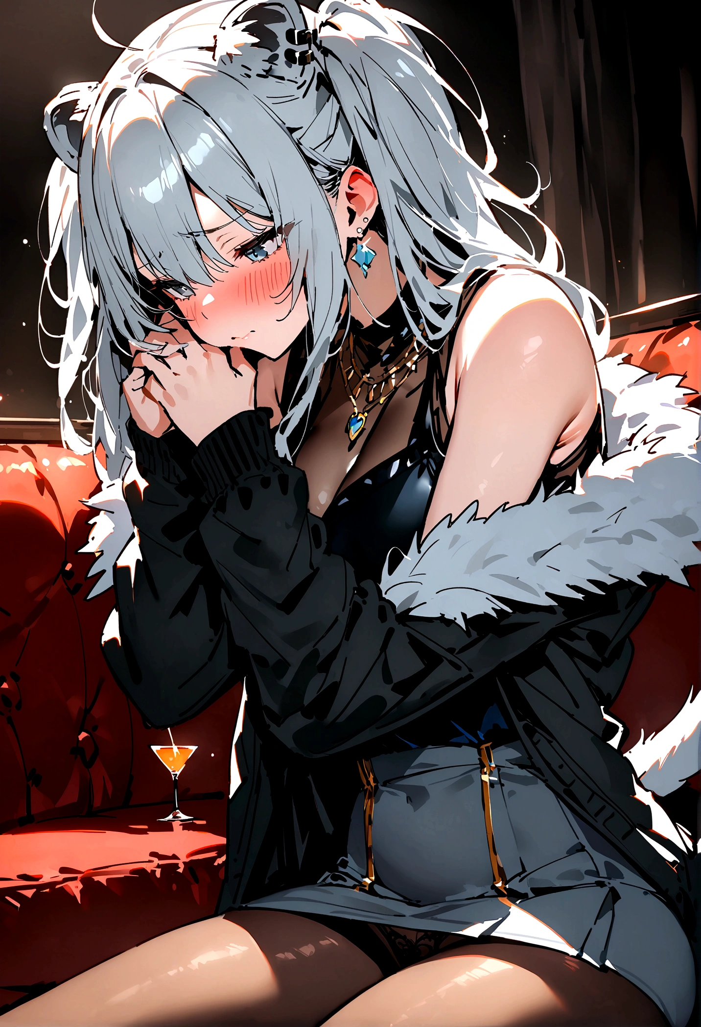 NSFW,masterpiece,Highest quality,High resolution,Super detailed,Shishirabotan\(Hololive\),Long Hair、Two Side Up、Earrings、Lion&#39;s Tail,necklace、Black Shirt、Sleeveless shirt、abdomen、See-through、Grey Skirt、片足pantyhose、pantyhose、fur-trimmed jacket、Black jacket、Off the shoulder,Black sexy panties,Embarrassed,blush,Luxurious Room,pub,Private room,sofa,Cocktail Glass,(Drunk),(Intoxication),Sitting,heart,Sexy pose,Panty shot,From the side,(Strong-faced men),A man puts his hands on her waist and hugs her
