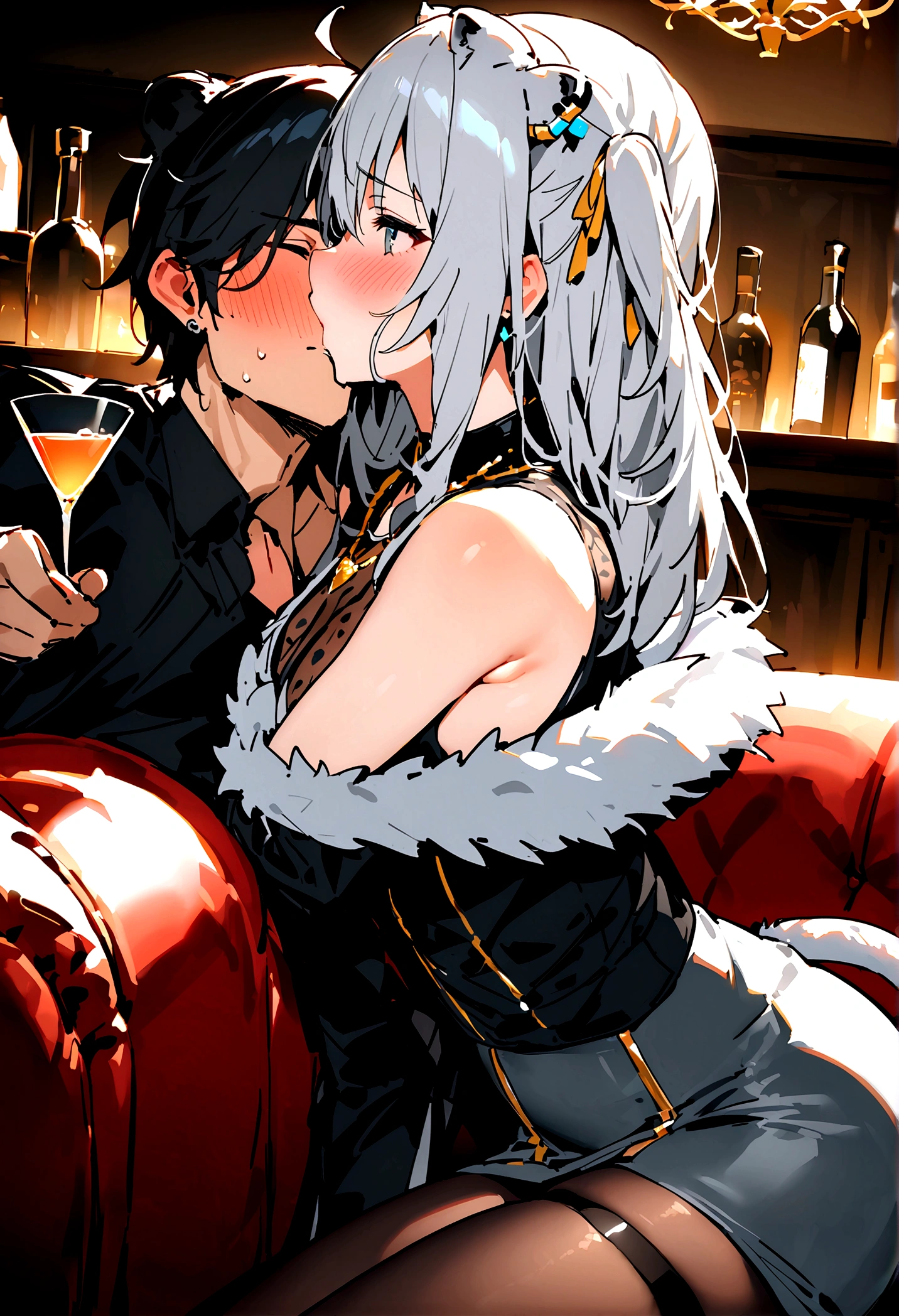 NSFW,masterpiece,Highest quality,High resolution,Super detailed,Shishirabotan\(Hololive\),Long Hair、Two Side Up、Earrings、Lion's Tail,necklace、Black Shirt、Sleeveless shirt、abdomen、See-through、Grey Skirt、片足pantyhose、pantyhose、fur-trimmed jacket、Black jacket、Off the shoulder,Black sexy panties,Embarrassed,blush,Luxurious Room,pub,Private room,sofa,Cocktail Glass,(Drunk),(Intoxication),Sitting,heart,Sexy pose,Panty shot,(Strong-faced men),男性が隣にSitting,A man puts his hands on her waist and hugs her,to kiss,From the side