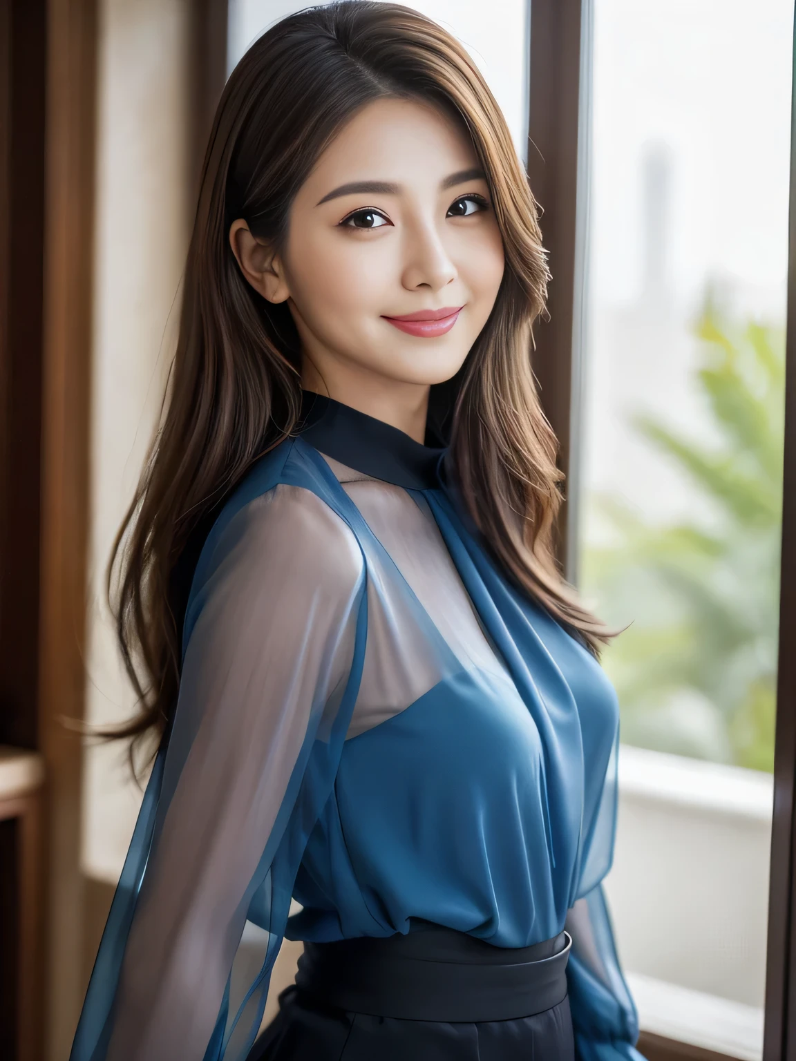 (Raw Photo), (Photorealsitic), (Masterpiece), (Best Quality), High Resolution, 8K, (Intricate Details), (Voluminous Light), Portrait, Female, 40 Years Old, Long Hair, Straight Hair , layered hair, brown hair, very fine eyes, source order, very fine eyebrows, very fine skin, very fine mouth, very fine nose, cute like an idol, happy smile, (thick lips), (looking at the viewer), (elegant transparent marine blue blouse), waist shot, Random body orientation,