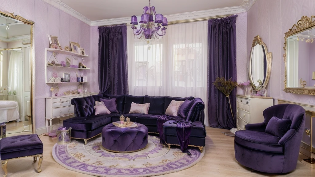 (Indoor),(violet Girl's Room:1.4),(Modern and Sophisticated Furniture:1.2),(Plush Velvet Chair and Ottoman:1.4),(Elegant Curtains and Window Treatments:1.2),(Designer clothing:1.4),(Instagrammable corner for fashion photos:1.2),(Unique Framed Statement Mirror:1.4),
(fashion runway style rug:1.2),(customized closet with trendy clothes:1.2),(glamorous dressing table:1.2),(Fashion magazines:1.2),
(Kawaii decorations:1.4),(chic light fixture:1.4),(cozy and stylish bedding:1.4),(Makeup vanity:1.4),(A dedicated area for fashion accessories:1.3),(High-end accessories:1.2),(Fashion sketches and design books:1.2),(Plenty of storage for shoes and accessories:1.2),