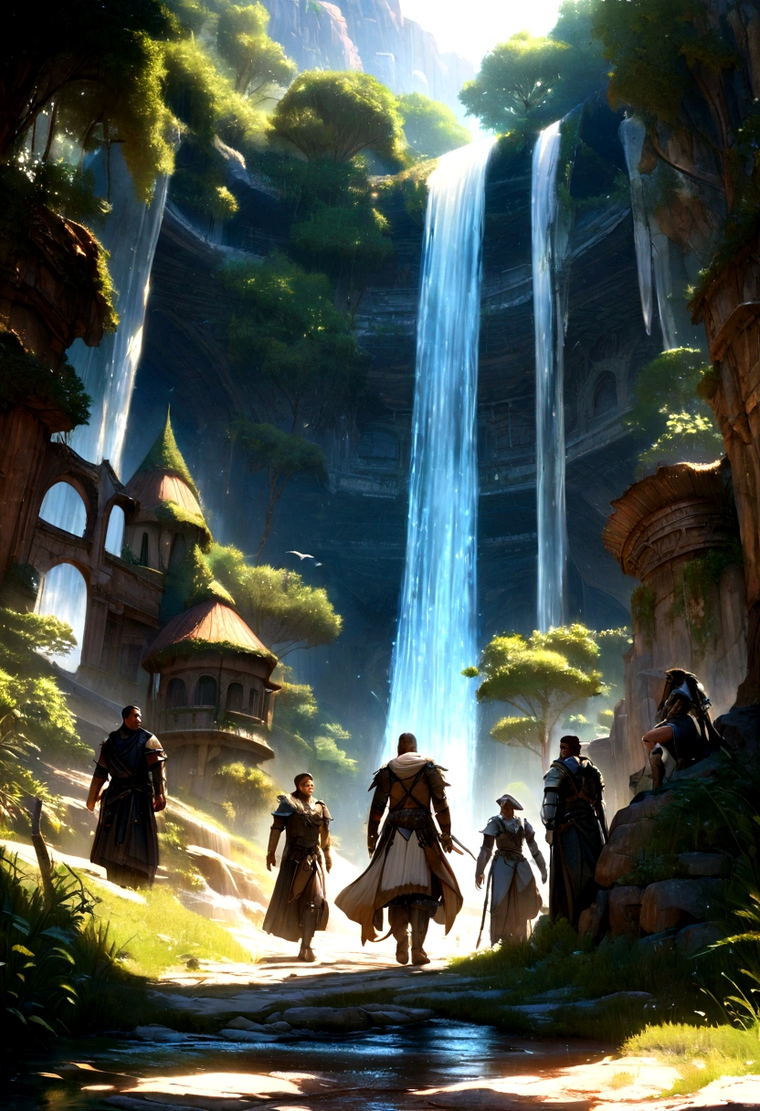 Realistic intricately detailed people wearing beautiful medieval fantasy outfits walking around the busy streets of a realistic intricately detailed sci-fi high fantasy medieval kingdom in the middle of a beautifully sunlit snow desert Oasis featuring beautiful tall canopy trees blue sky with clear white clouds and water bodies like waterfalls and streams, featuring people walking around the streets of the busy civilization : eye level angel, Cinematic lighting, dynamic lighting, photography, ultra HD resolution, hyperealistic quality, realistic high details