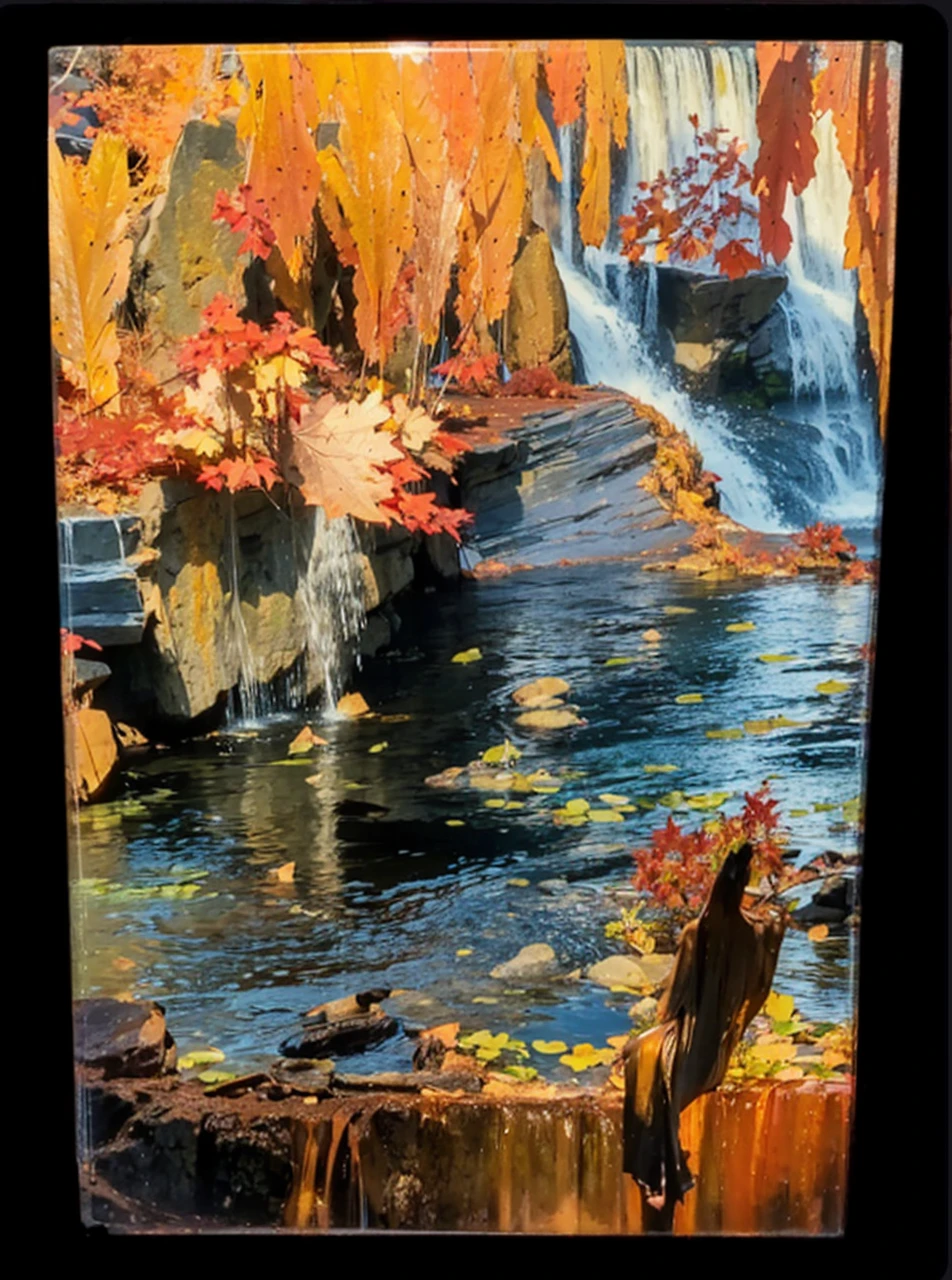 There is a beautiful waterfall in the upper right corner of the picture,In the lower right corner of the picture, there is a clear silhouette of a person standing by the lake fishing.,There is a clear outline of a yellow cat in the middle of the bottom of the picture,In the lower left corner of the picture, there is a beautiful woman with clear outline taking a bath by the lake.,Valley lake scenery,Sparkling water surface,Red maple in autumn,terrain changes,The colors are distinct and blended,Clear changes in light and shadow,Silky smooth and delicate watercolor painting