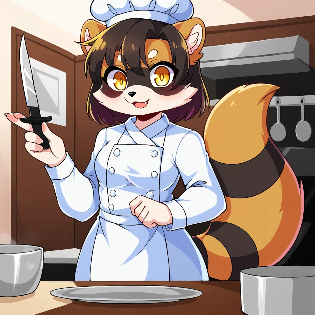 Masterpiece, fursona, raccoon, anthropomorphic, yellow eyes, dressed as a chef, knife, in a white kitchen, without a hat