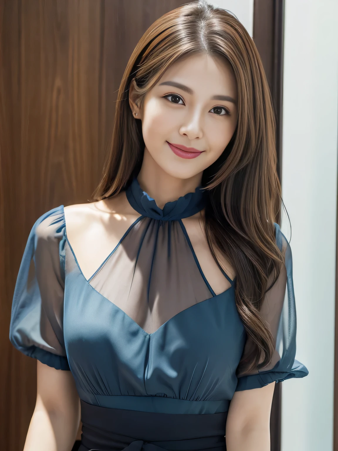 (Raw Photo), (Photorealsitic), (Masterpiece), (Best Quality), High Resolution, 8K, (Intricate Details), (Voluminous Light), Portrait, Female, 40 Years Old, Long Hair, Straight Hair , layered hair, brown hair, very fine eyes, source order, very fine eyebrows, very fine skin, very fine mouth, very fine nose, cute like an idol, happy smile, (thick lips), (looking at the viewer), (elegant transparent marine blue blouse), waist shot, Random body orientation,