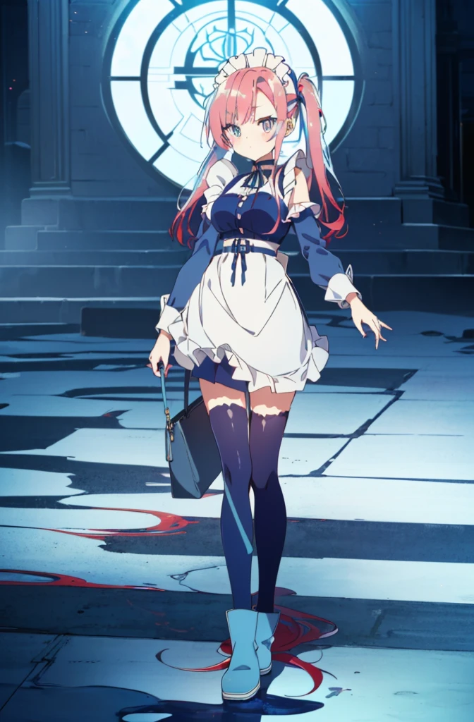 Remilia toho character, (solo), (standing on deck of mansion:1.1), a full moon, BREAK, collarbone, large perky breasts, cleavage, (inconceivably thin waist), (very short thin torso:1.2), very long thin legs, thigh gap, BREAK, white dress with (plunging neckline), (brown wiry corset cinches waist too tight:1.3), too short white miniskirt, (light blue thighhighs), BREAK, nose blush