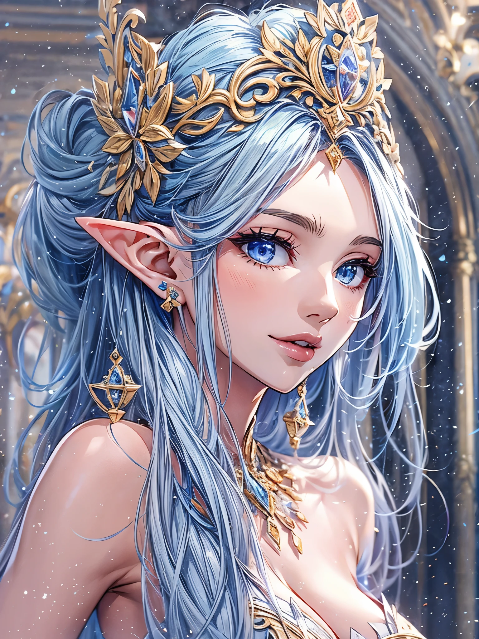 1 girl, Beautiful elf lady, begie blue Long straight hair, upturn elf pointy ears, sexy figure, charming cleavage, very beautiful face, detailed face, delicate eyes, detailed pupil, beautiful and delicate lips, pale skin, Serious, arrogant, absurd, gorgeous detailed dress, royalties, celebration, elegant, Noble, Bare shoulders, small crystal earrings, hand drawn animation, high detailed, palace banquet hall, symmetrical clothes, best quality, masterpiece, Fair,