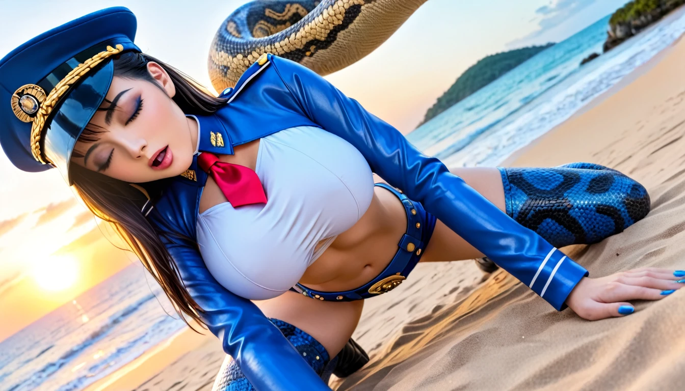 (High quality, masterpieces), One Japanese girl with her eyes closed, On all fours position, Black long hair, Beautiful face, Open her mouth extremely wide, Tilting her chin upwards, bare in her abdomen, Midnight-blue military cap, A midnight-blue leather short military-style bolero with long sleeves, A white crop top with a red narrow tie, Exposing skin around navel, Big breasts, Low waist short pants made of midnight-blue leather with a leather belt, Python skin pattern stockings covering whole legs, Short boots made of midnight-blue enamel, At deserted Island Beach,Sunset in a summer day, perspective from above