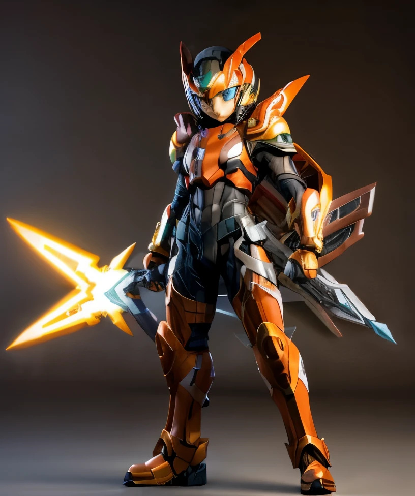 megzeromyth2023,1boy, short brown hair, yellow armor, orange energy sword, 8k, uhd, best quality, masterpiece, intricate,4k,8HD,dino armor,power ranger style,young boy,no helmet,not helmet