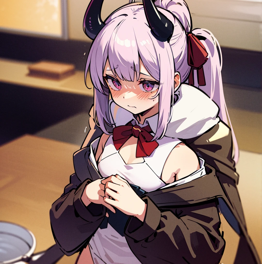 the girl in heat has two horns tied flat chest, as well as two hands on her flushed lewd face
