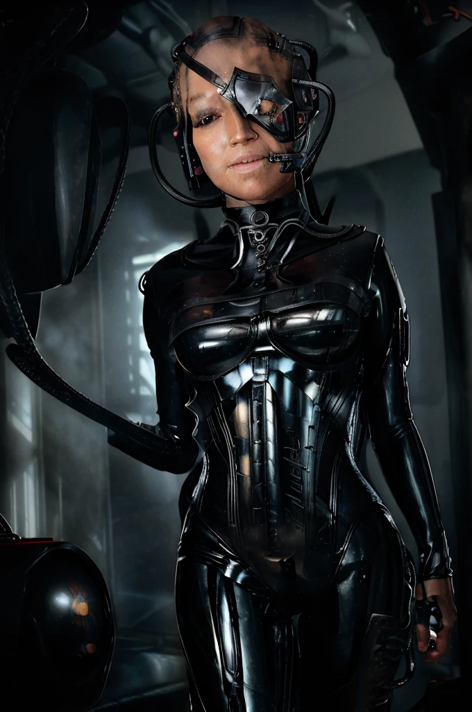 (tawny newsome:1.2), (black skin:1.2), (liquid metal girl
 sttldunf uniform:1.2), (Liquid Metal sttldunf uniform:1.2) being assimilated by  Borg, robotic, 
ballgag, leather catsuit, belt, lying, prisoner, (best quality,4k,8k,highres,masterpiece:1.2),ultra-detailed,(realistic,photorealistic,photo-realistic:1.37),dark moody lighting,dramatic chiaroscuro,cinematic, (portrait:1.2)