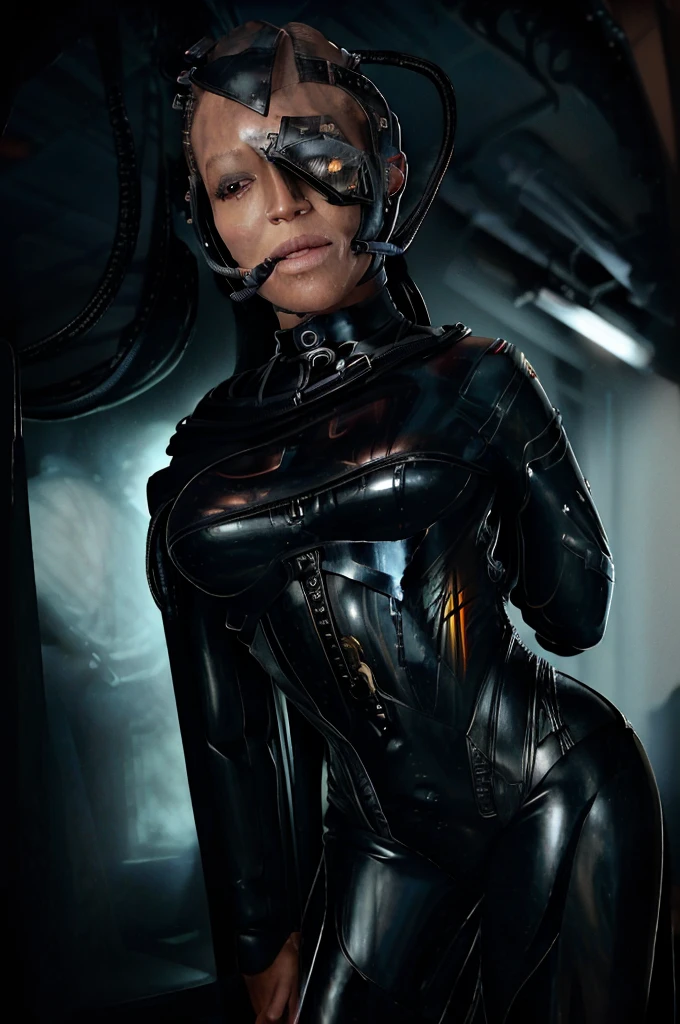 (tawny newsome:1.2), (black skin:1.2), (liquid metal girl
 sttldunf uniform:1.2), (Liquid Metal sttldunf uniform:1.2) being assimilated by  Borg, robotic, 
ballgag, leather catsuit, belt, lying, prisoner, (best quality,4k,8k,highres,masterpiece:1.2),ultra-detailed,(realistic,photorealistic,photo-realistic:1.37),dark moody lighting,dramatic chiaroscuro,cinematic, (portrait:1.2)