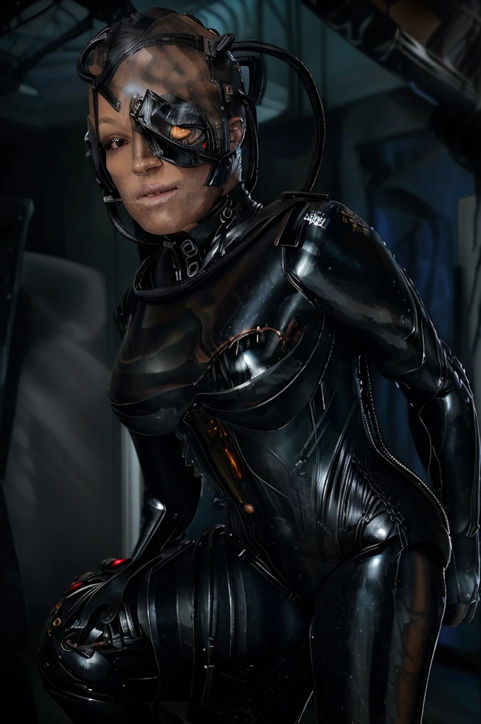 (tawny newsome:1.2), (black skin:1.2), (liquid metal girl
 sttldunf uniform:1.2), (Liquid Metal sttldunf uniform:1.2) being assimilated by  Borg, robotic, 
ballgag, leather catsuit, belt, lying, prisoner, (best quality,4k,8k,highres,masterpiece:1.2),ultra-detailed,(realistic,photorealistic,photo-realistic:1.37),dark moody lighting,dramatic chiaroscuro,cinematic, (portrait:1.2)