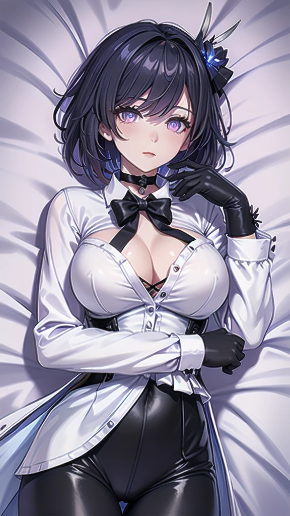 Masterpiece, Beautiful art, professional artist, 8k, Very detailed face, Detailed clothing, detailed fabric, 1 girl, Soul Fullness \(Honkai Impact 3rd\), View from above, lying on the ground, BIG BREASTS, perfectly drawn body, shy expression, pale skin, beautiful face, short dark blue hair, 4k eyes, very detailed eyes, pink cheeks, choker:1.6, (white long sleeve button down shirt with white collar), black gloves, gloves that cover hands, (black leather corset), (shiny black leggings), Sensual Lips , winter night, show details in the eyes, looking at the viewer, dark forest, Atmosphere, fog, At night