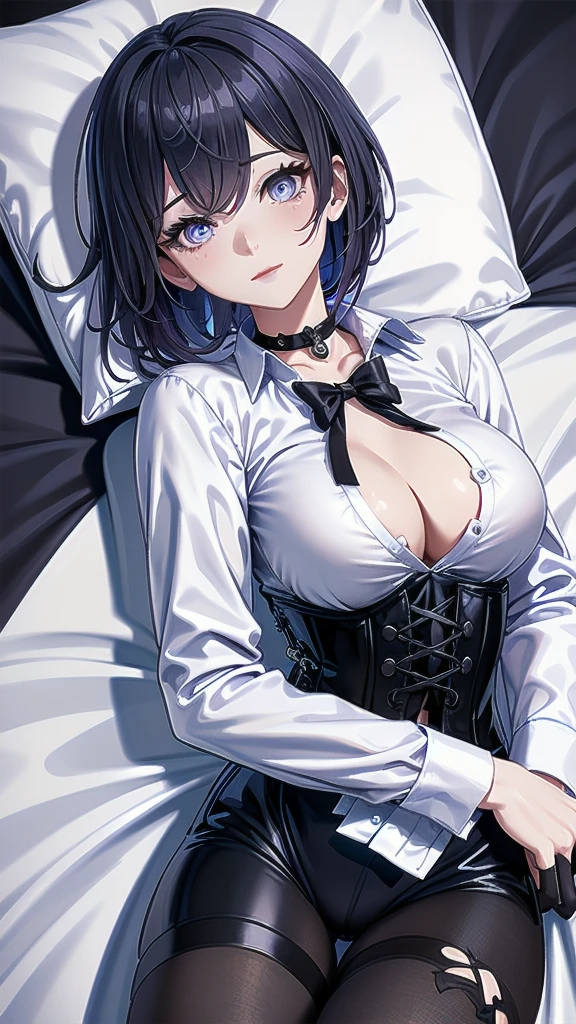 Masterpiece, Beautiful art, professional artist, 8k, Very detailed face, Detailed clothing, detailed fabric, 1 girl, Soul Fullness \(Honkai Impact 3rd\), View from above, lying on the ground, BIG BREASTS, perfectly drawn body, shy expression, pale skin, beautiful face, short dark blue hair, 4k eyes, very detailed eyes, pink cheeks, choker:1.6, (white long sleeve button down shirt with white collar), black gloves, gloves that cover hands, (black leather corset), (shiny black leggings), Sensual Lips , winter night, show details in the eyes, looking at the viewer, dark forest, Atmosphere, fog, At night