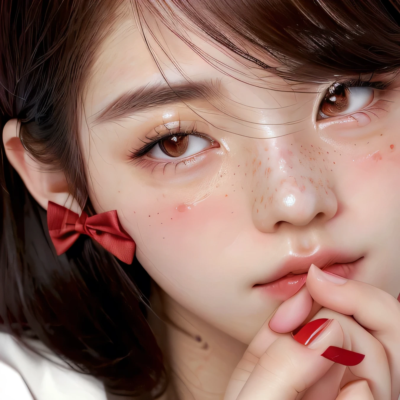 there is a woman with a red bow on her finger, South Korean popular makeup, Red cheeks, close up portrait photo, portrait of a japanese teenager, pale korean adorable face, Popular Korean makeup, Beautiful face of Japanese girls, rosy cheeks, japanese model, rosy cheeks with freckles, shikami, with a cute face - fine, Young cute pale asian face