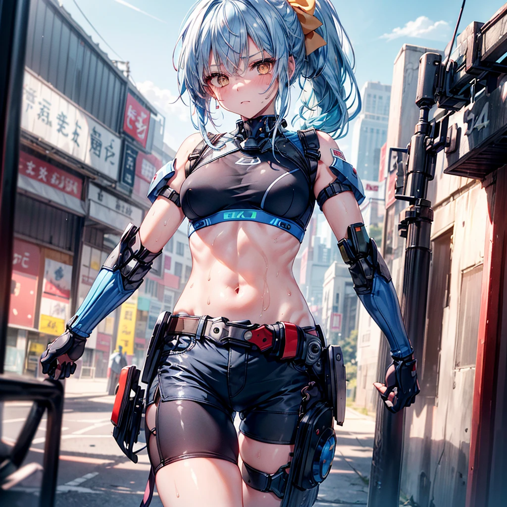 ((Highest quality,masterpiece,detailed,4K)), a girl with blue hair and a top with short sleeves holding a screw driver, 1girl, 独奏, mechanical parts, (mecha), Mecha legs, long hair, blue hair, navel, gloves, shorts, breasts, sweat, wrench, short shorts, very long hair, underwear, panties, holding, belt, arm up, ponytail, small breasts, blurry background, gray sky, rain, looking at viewer, black gloves, sports bra, wiping sweat, bow, bare shoulders, bangs, cowboy shot, yellow eyes, midriff, hair bow, (expressionless), face focus