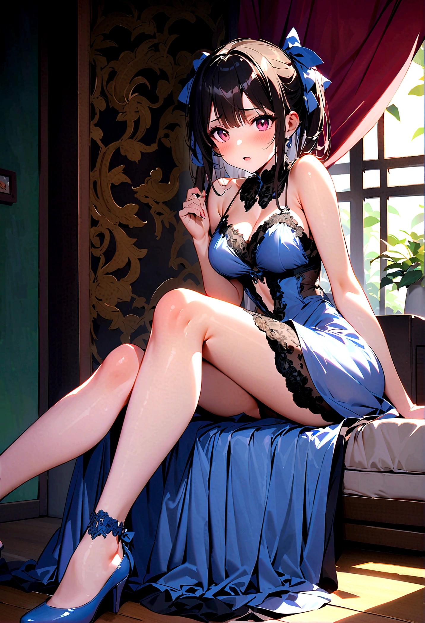 Ultimate Douluo Lan Xuanyu sexy evening dress,Lace hollow transparent camisole underwear,dark,Nervous fun,sit,Lan Xuanyu women's clothing golden dragon princess,dark晚礼服高跟鞋,Sexy lace front split legs,Fun
