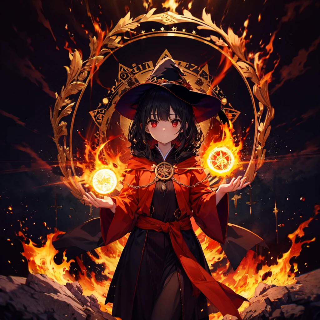 ((((witch))))　(((wand of flame　magic circle background)))　((Black Hair　witchの帽子　Red eyes))　((Big Explosion　fire))　(Magic Robe　Black Hole)　incantation　Runes　Shining Background　Shining Edge