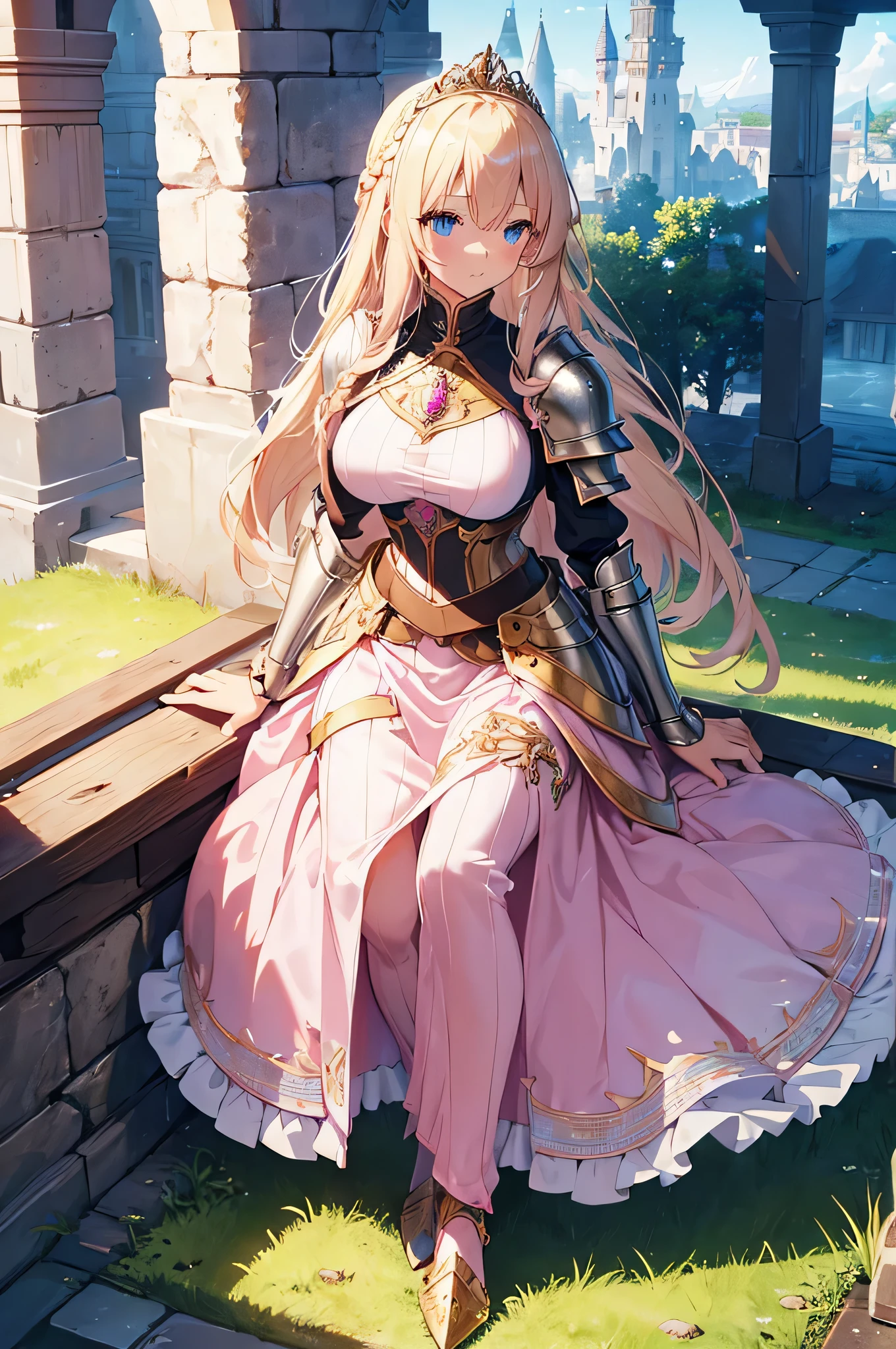 4K,High resolution,One Woman,Blonde,long hair,Braid,Blue Eyes,Big Breasts,Princess Knight,pink princess dress,Pink knight armor,Full Armor,Heavy Armor,Princess Tiara,Jewelry decoration,Gold decoration,Holy Sword,Medieval castle town