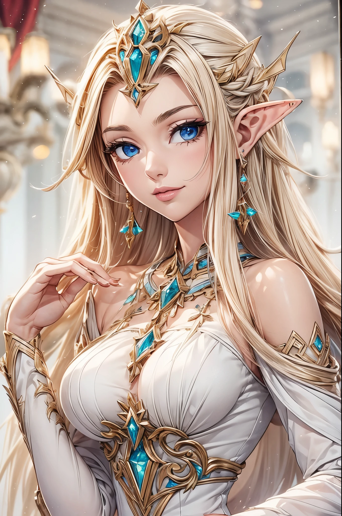 1 girl, Beautiful elf lady, begie blonde Long straight hair, upturn elf pointy ears, sexy figure, perfect breast, charming cleavage, very beautiful face, detailed face, delicate eyes, detailed pupil, beautiful and delicate lips, pale skin, Serious, arrogant, absurd, White gorgeous detailed dress, royalties, celebration, elegant, Noble, Bare shoulders, small crystal earrings, hand drawn animation, high detailed, palace banquet hall, symmetrical clothes, best quality, masterpiece, Fair, Octane Render